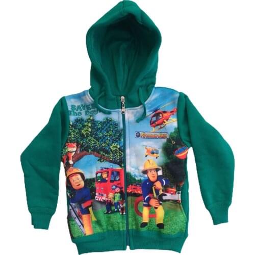 Male Child Green Fireman Sam Digital Printed Hooded Zipper Pocket Inside Furry Sweat Jacket ÇCFK-İTS 450534492
