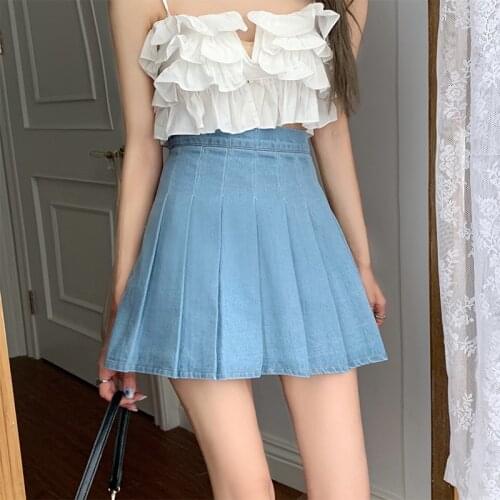 Hzirip 2021 Summer New A-Line Waist Preppy Style Solid Pleated Skirt Elegant Sweet Girl Casual Slim Office Ladies Denim Skirt