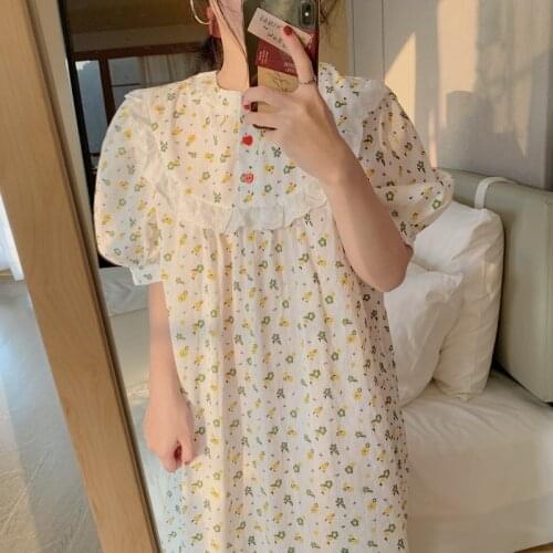 2021 New Sweet Cute Over-the-knee Women Nightgown Short Sleeves Cotton Homewear Floral Printed Nightdress Sleeping Dress