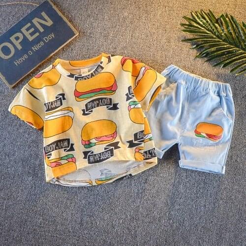 Fashion Korean Summer Children Boys Girls Clothes Kids Cotton hamburger T-Shirt Short 2Pcs Toddler Clothes Set Infants Tracksuit