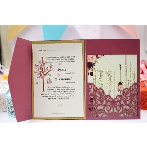 2017 new style chinese red envelope burgundy tri-fold laser cutting elegant Europe wedding invitation cards with popular design