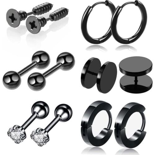 1 Set 6 Pair Different Types Shape Unisex Black Color Stainless Steel Piercing Earring For Women Men Punk Gothic Barbell Earring