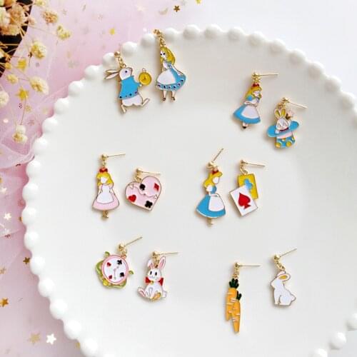 Fairy Tales kawaii Radish White Rabbit Alice in Wonderland Clip Earring No Piercing Hole Princess Fairy Heart Poker Card Earring