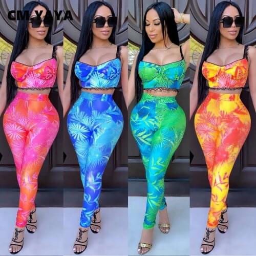 CM.YAYA Active Wear Womens Set Leaf Print Crop Tops Pencil Skinny Pants Suit Tracksuit Club Party Two Piece Set Fitness Outfit
