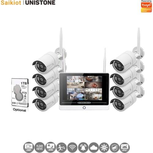 Saikiot Tuya Smart 8CH Wireless 1080P WIFI Camera NVR Kit with 12inch Monitor Outdoor Waterproof Camera P2P CCTV System KIT