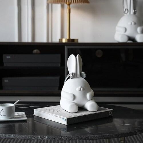 Modern Healing Cartoon Rabbit Statuette Wearing Silver Headphones Living Room Bedroom Decor Resin Crafts Ornaments Furnishing