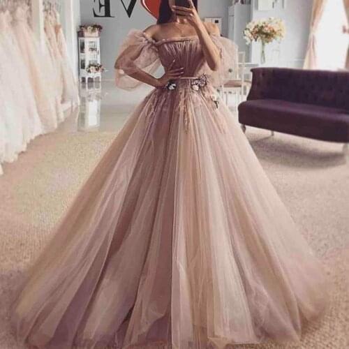 Tulle Prom Dresses With Half Sleeves Off The Shoulder Pleats Appliques Formal Evening Dress Plus Size Cheap Party Gowns