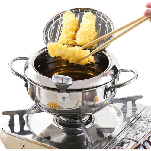 Japanese Deep Frying Pot with a Thermometer and a Lid 304 Stainless Steel Kitchen Tempura Fryer Pan 20cm