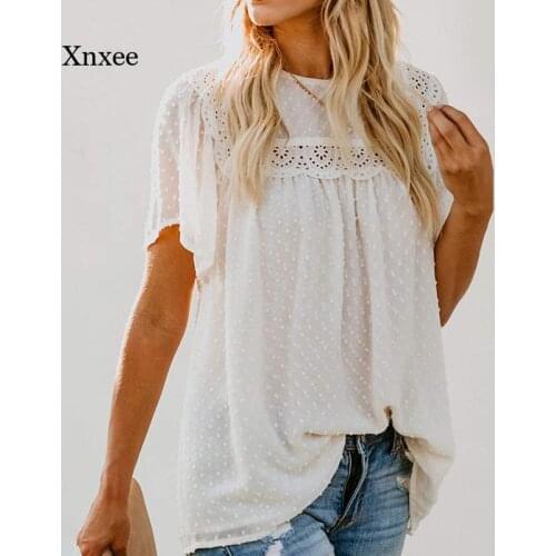 Sexy Flower Hallow T Shirt Lace Blouse Women Solid Short Sleeve Casual Round Neck Loose Top Summer Plus Size Elegant Blouse
