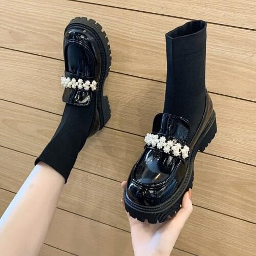 Luxury String Bead Spring Autumn Womens Boots Thick Flat Platform Patent Leather Round Toe 4cm Square Heel Slip-On Shoes Female