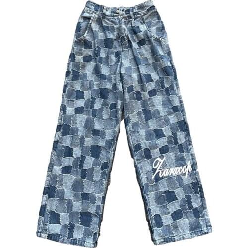 Spring And Summer Womens Jeans Salt Lattice Letter Printing Harajuku INS Trend Design Sense Straight Wide-Leg Mens Trousers