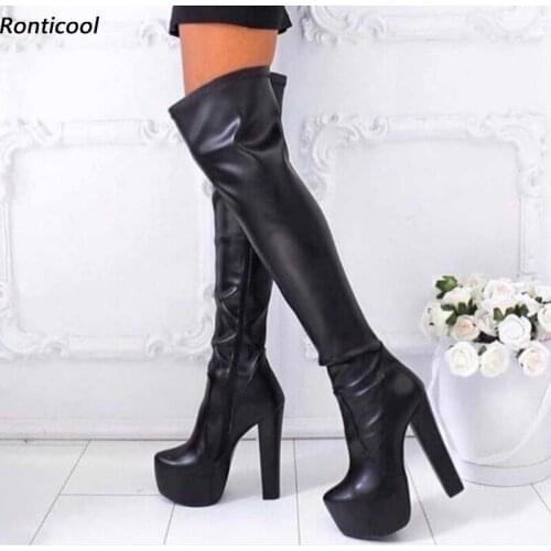 Ronticool New Women Platform Spring Over The Knee Stretch Boots Block Heels Round Toe Elegant Black Party Shoes US Size 5-20