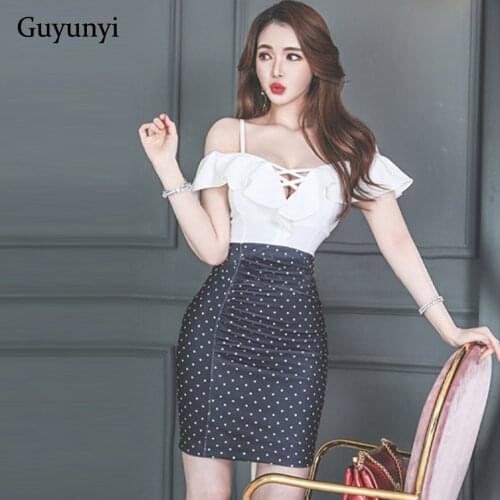 Elegant Mini Office Lady Dress 2021 Summer Sexy Strap V-Neck Hollow White High Waist Tight Splicing Wave Points Party Dress