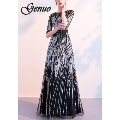 Women Dress Summer Elegant Half Sleeve O-neck Sequin Dress Female Sexy Hollow Out Bridesmaid Long Party Dress Black