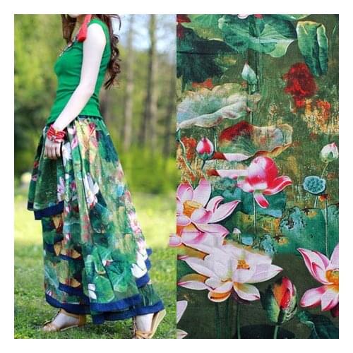 100*140cm linen cotton material for dress green lotus curtain tissu tecido ethnic fabric