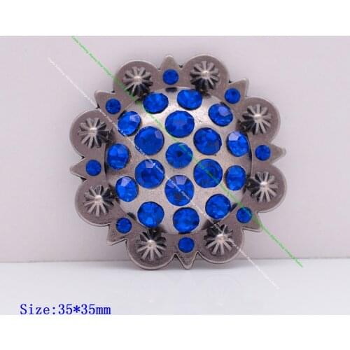 6PC 35MM Blue Rhinestone Crystal Antique Silver Cowboy Western Berry Equestrian Saddle Leathercraft Belt Concho Screwback