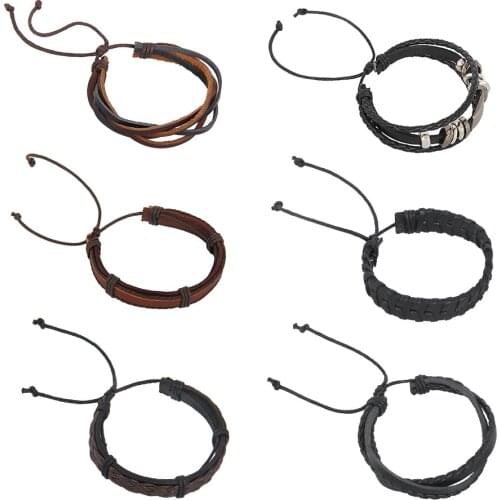 6PCs/Set Men Punk Rock Braided Rope Leather Bracelet&Bangles Multilayer Wristband Wrap Bracelets For Women Jewerly Gift