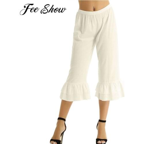 Women Ladies Retro Vintage Loose Fit Pants Elastic Waist Ruffles Hem Pantaloons Bloomers Underpants Victorian Era Costume