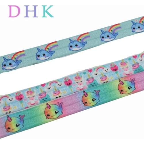 DHK 5/8'' 5yards narwhal unicorn printed Fold Elastic FOE stretch ribbon hairbow headwear Wholesale E1502