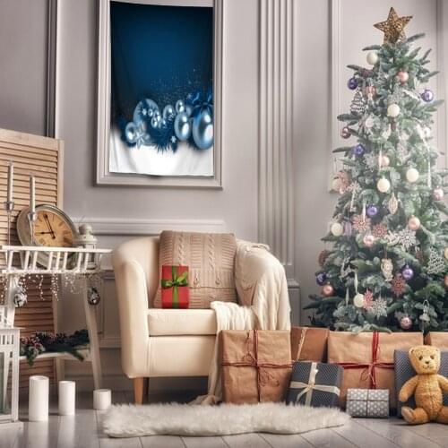 Tapestry Decorative Balls Pine Tree Branches Stars Sparkles in Snow on Celebration Theme Blue White