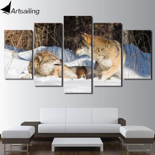HD Printed 5 Piece Canvas Art Winter Snow Brown Wolf Painting Ice Forest Wall Pictures for Living Room Free Shipping CU-2367A