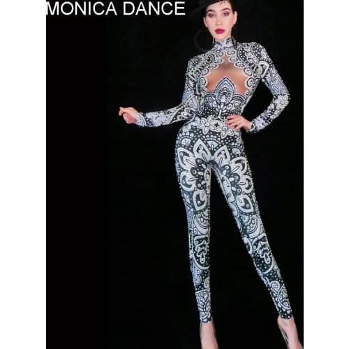 Sexy Stage Gray Silver Rhinestones Jumpsuit long Sleeves Stretch Bodysuit Performance Birthday Party Celebrate Nightlcub Outfit
