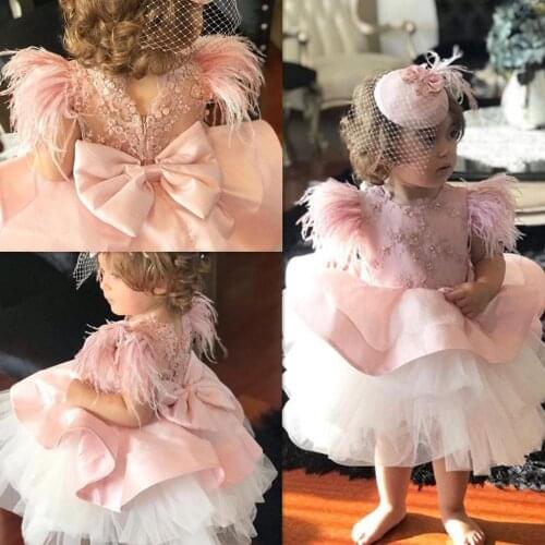 Beautiful Pink Baby Girls Dresses Beads Lace Communion Dresses Girls Pageant Gown Kids Clothes for Birthday