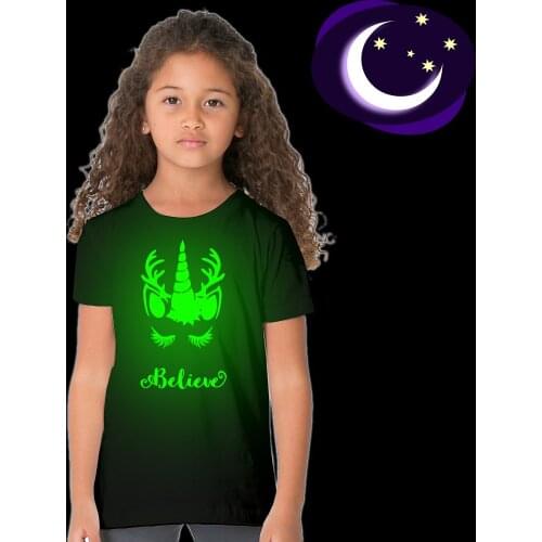 Girls Fashion Luminous T-shirts Unicorn Pattern Print Clothes for Kids Girl Harajuku Children Funny Noctilucent T-shirt Outfits