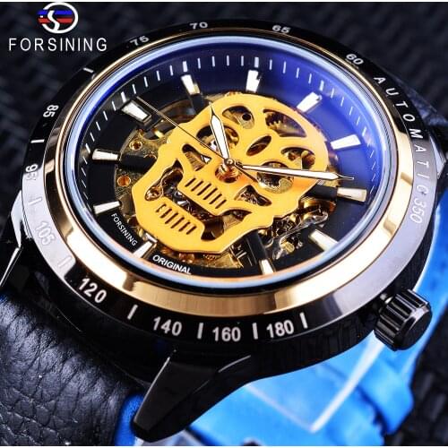 Forsining Sport Racing Golden Skull Mens Automatic Watches Top Brand Luxury Water Resistant Luminous Hands Black Blue Genuine