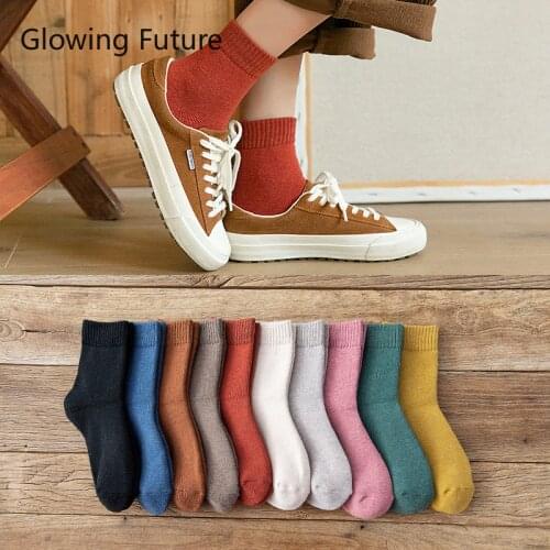 Glowing Future Japanese Socks Women Winter Breathable Cotton Socks Thick Plus Velvet Solid Color Soft Warm Terry Woman Socks