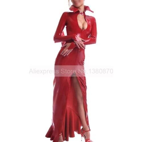 Solid Red Sexy Female Rubber Latex Women Fish Tailed Dresses Handmade with Front Zip S-LD077
