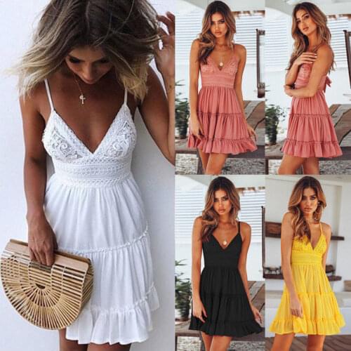 Summer Women Boho Dress Fashion Sexy V Neck Strappy Lace Mini Dresses Female Beach Party Sundress White Black Yellow Pink
