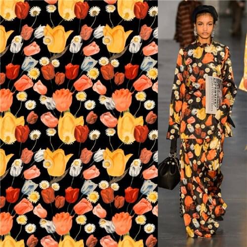 Polyester satin dress high-end tulip daisy pattern custom fashion floral printed cloth diy patchwork 115