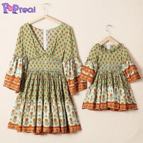 PopReal Parent-Child Outfit Fashion V-Neck Mother Kids Dress Family Matching Clothes Mother Daughter Outfits Print Flared Sleeve