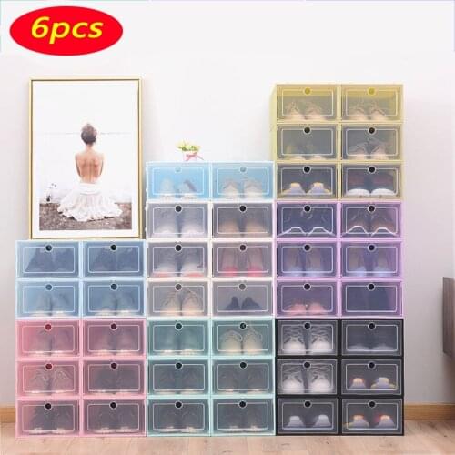 6 Pcs Transparent Box Storage Box Folding Thick Dustproof Shoe Storage Box Stacking Combination Plastic Shoe Box Stackable Box