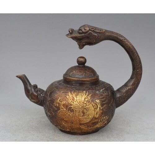 Rare Qing Dynasty QianLong(1726---1796)copper dragon teapot, free shipping