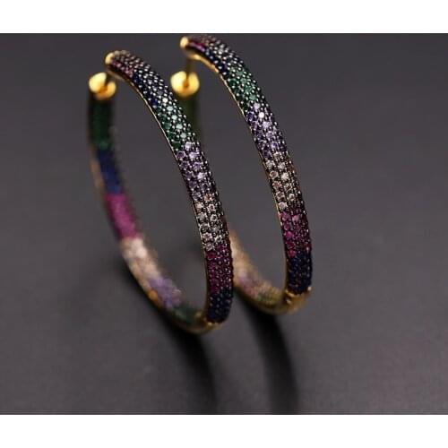 Luxury Colorful Hoop Earrings For Women Gold Color Rainbow Cubic Zirconia Bohemian Round Big Earings Girls Punk Party Earrings