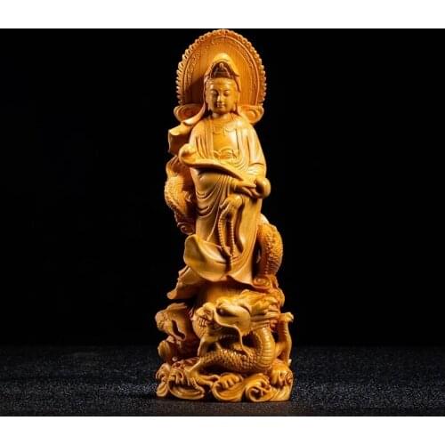 Boxwood 18cm 22cm Dragon Guanyin Sculpture Buddha Wood Statue Feng Shui Worship Home Decoration