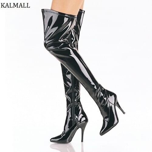 KALMALL Stretch Leather Women Over-The-Knee Boots Winter Nightclub Style Thigh High Boots Pointed Toe Stiletto Heels Women Boots