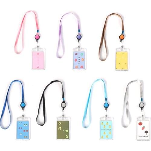 Transparent Acrylic Name Card Holder Retractable Cute Cartoon Bank ID Card Cover Protective Case with Lanyard