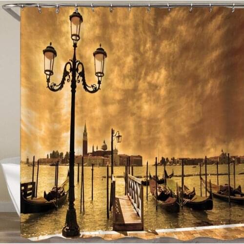 Bathroom Shower Curtain Venice Night View Water and Blue Gondolas Wooden Bridge Italian City Architecture Polyester Fabric