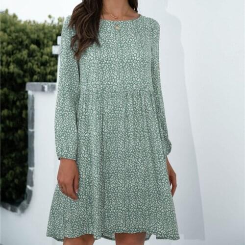 Uclio Leopard Print Dress for Women Autumn Long-Sleeve O Neck Loose Elegant Chic Casual Midi Boho Sundress