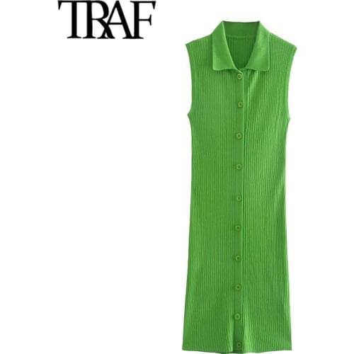 TRAF Women Chic Fashion Button-up Fitted Slim Knit Mini Dress Vintage Lapel Collar Sleeveless Female Dresses Vestidos