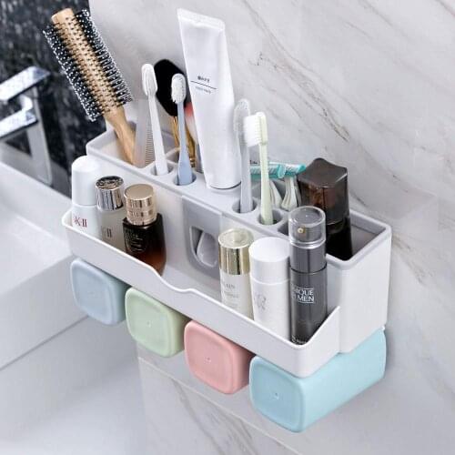 4 Cups Automatic Toothpaste Dispenser Wall Mount Toothbrush Shelf Punch Free Toothbrush Holder Mouth Cup Washing Set