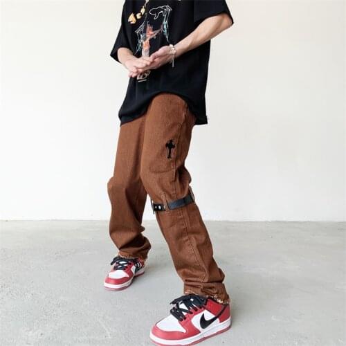 Cross Embrodiery Jeans Men Streetwear Casual Women Retro Denim Trousers Harajuku Oversize Hip Hop Loose Straight Pants 2021