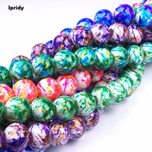 Ipridy White Background Double-color Mixed Spray Painted Round Glass Bead Strands, 6mm 8mm 10mm 12mm Hole: 1.5mm 5 strands/lot