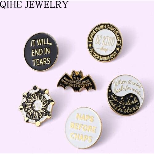 Round Yin Yang Enamel Pins Badge Bat Sun Letters Quote Brooches Backpacks Lapel Pin Punk Gothic Jewelry for Friends Wholesale