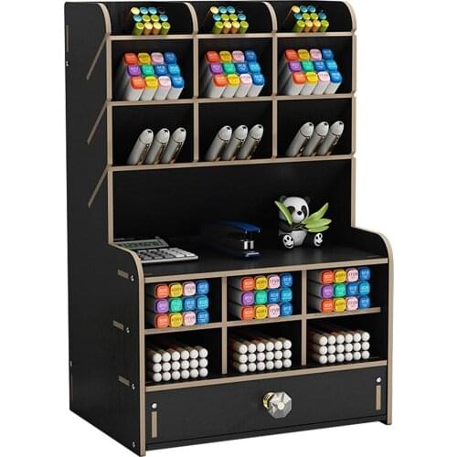 Upgraded Wooden Pencil Holder, Pen Organizer for Desk with 15 Compartments + Drawer, Desktop Stationary Storage Organizer Caddy