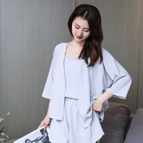 2021 Summer New Silk Cool Three Piece Solid Color Sling Pajamas Womens Suit Home Wear Female Sleepwear Nightgown Lounge Wear