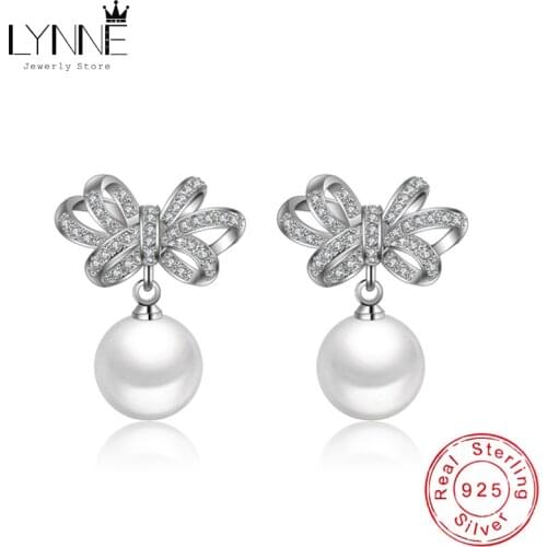 New Fashion Rosette Rhinestone Drop Earrings 925 Sterling Silver Bowknot Pearl Pendant Earring Charm Ear Stud Women Jewelry Gift